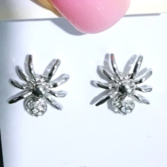 Halloween Jewelry / Spider Earring / Post / Rhinestone Crystal / Rhodium Plated - Picture 3 of 7